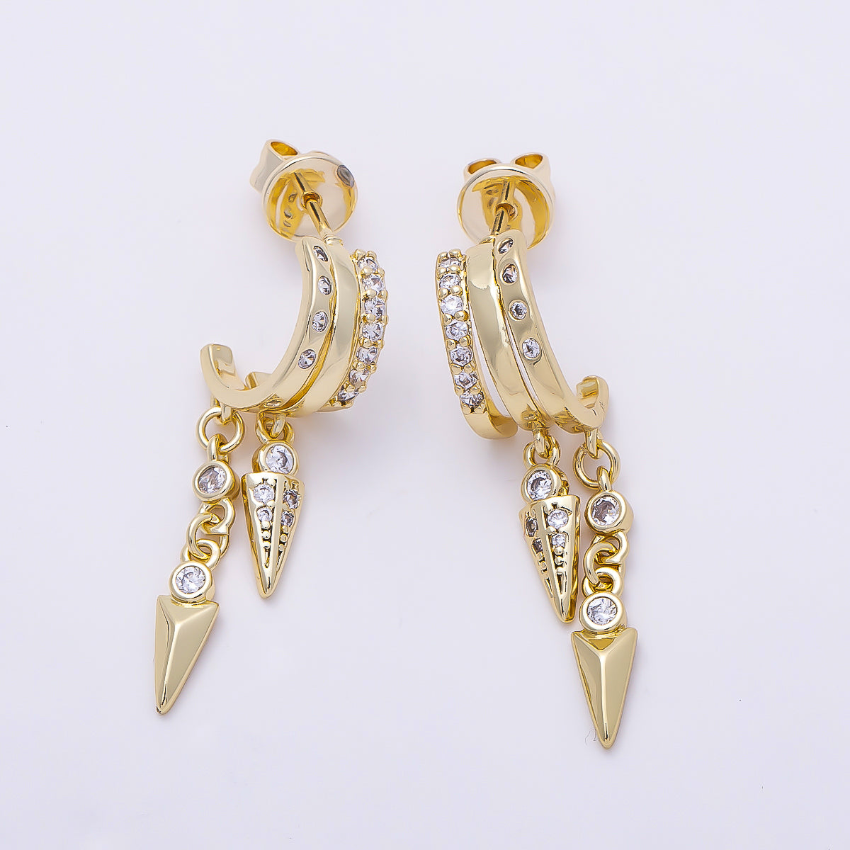 16K Gold Filled 34mm Clear Micro Paved CZ Dotted Spiked C-Shaped Hoop | Earrings-00687