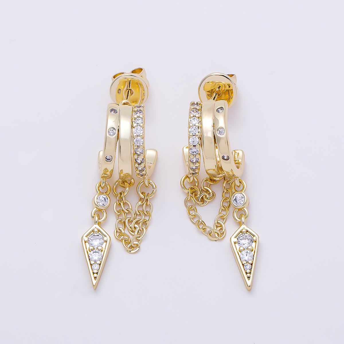 16K Gold Filled 29mm Clear Micro Paved CZ Spiked Chain Drop C-Shaped Hoop | Earrings-00688