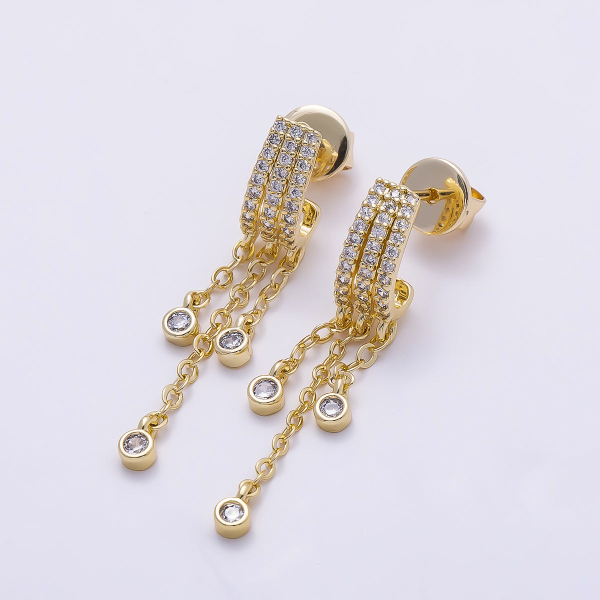 16K Gold Filled 35mm Micro Paved CZ Round Bezel Chain Drop J-Shaped Hoop | Earrings-00689