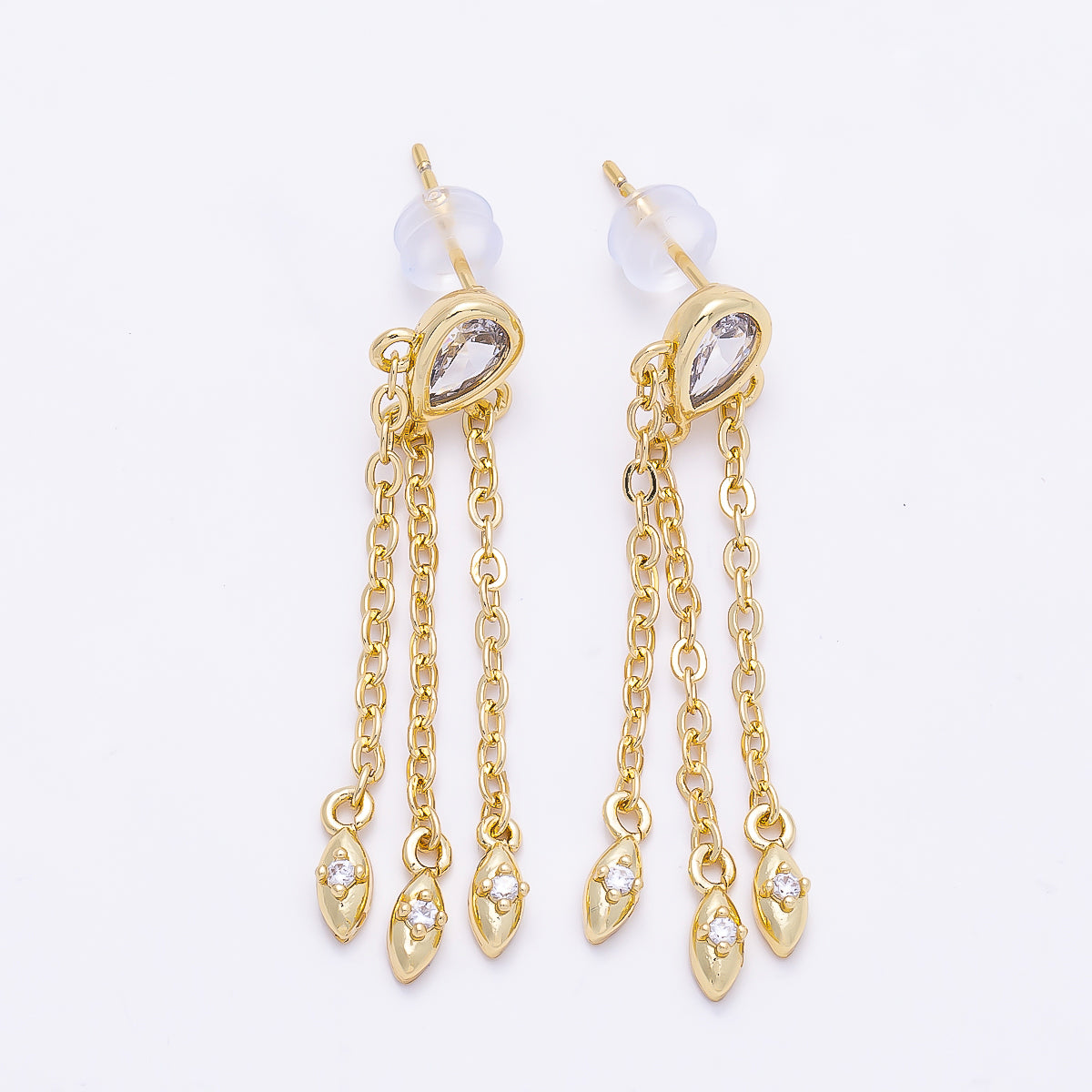 16K Gold Filled 40mm Clear, Green CZ Teardrop Triple Chain Drop Stud | Earrings-00690 Earrings-00691