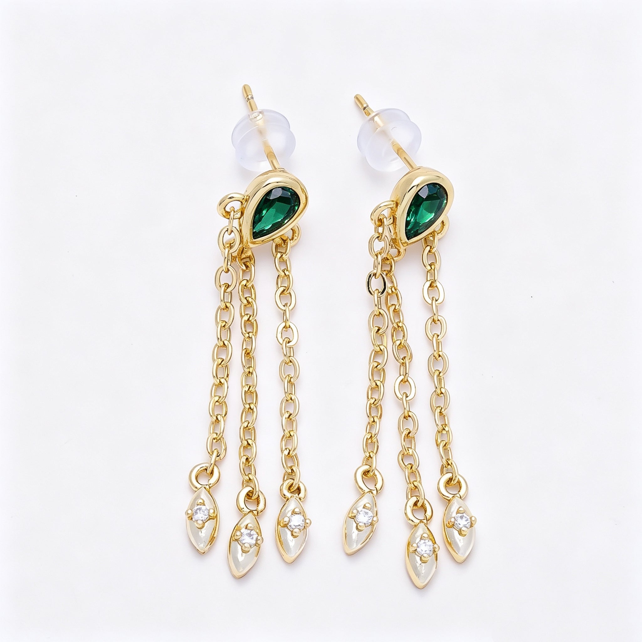 16K Gold Filled 40mm Clear, Green CZ Teardrop Triple Chain Drop Stud | Earrings-00690 Earrings-00691