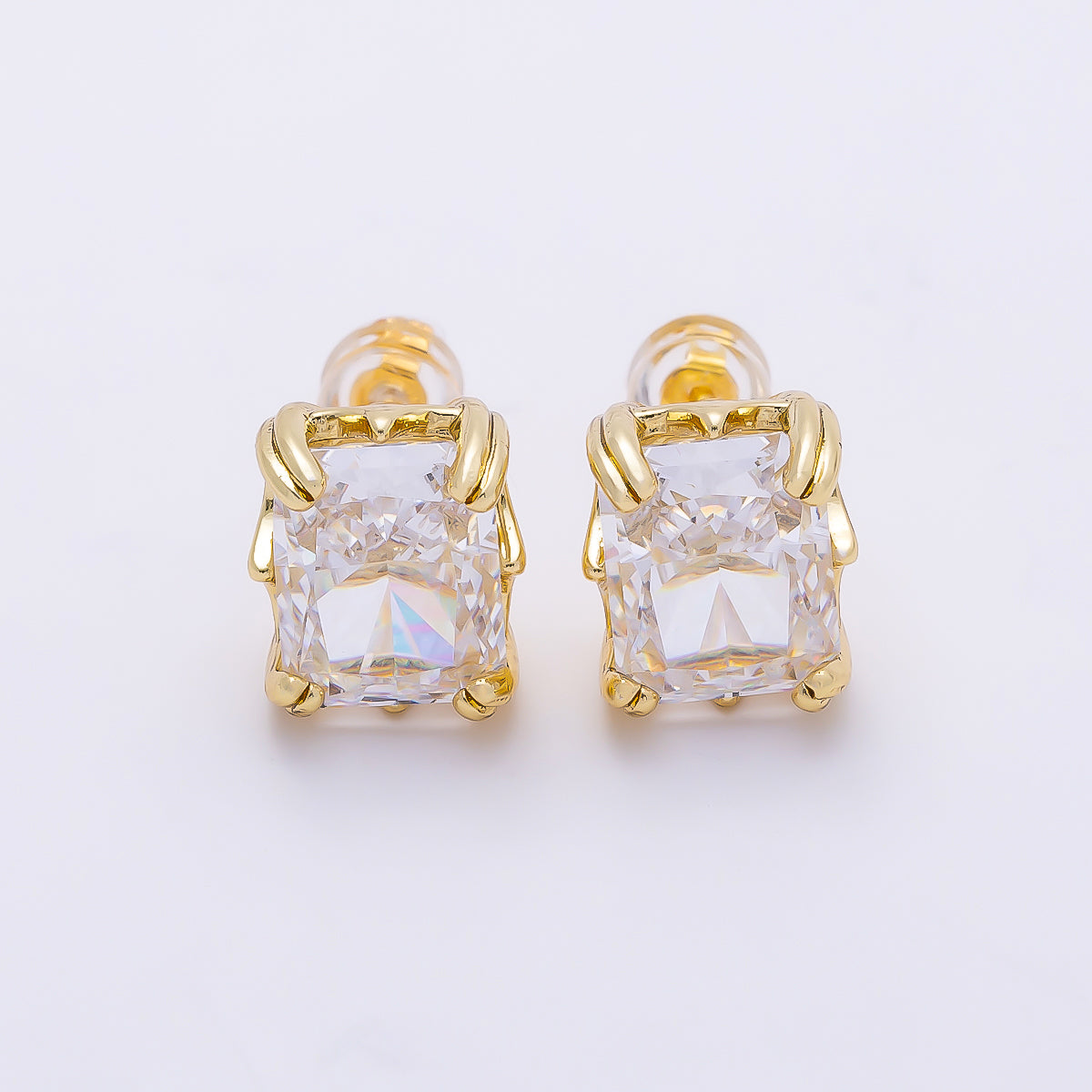 16K Gold Filled 11.5mm Clear CZ Baguette Claw Prong Stud | Earrings-00693