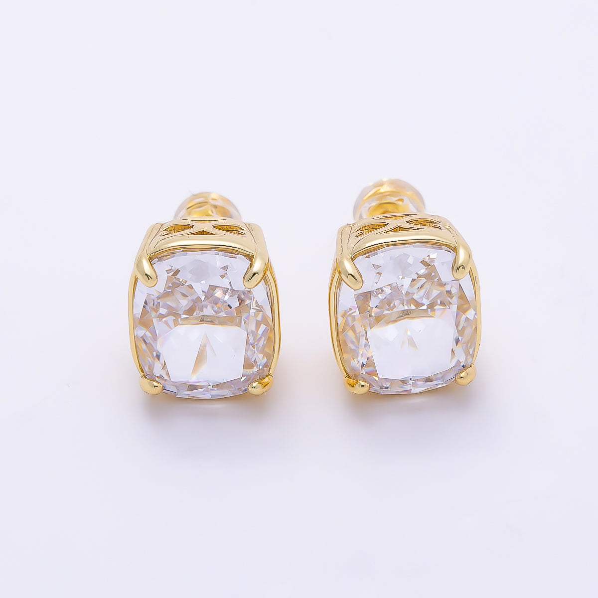 16K Gold Filled 11mm Clear CZ Rounded Oval Baguette Prong Stud | Earrings-00694