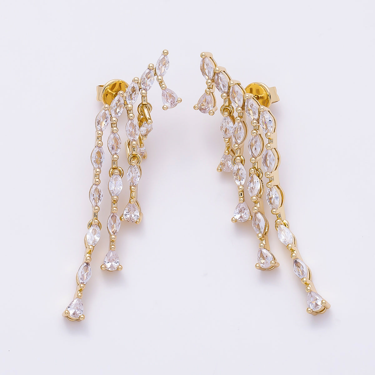 16K Gold Filled 52mm Clear Marquise CZ Cascading Multi Drop Stud Earrings | Earrings-00695