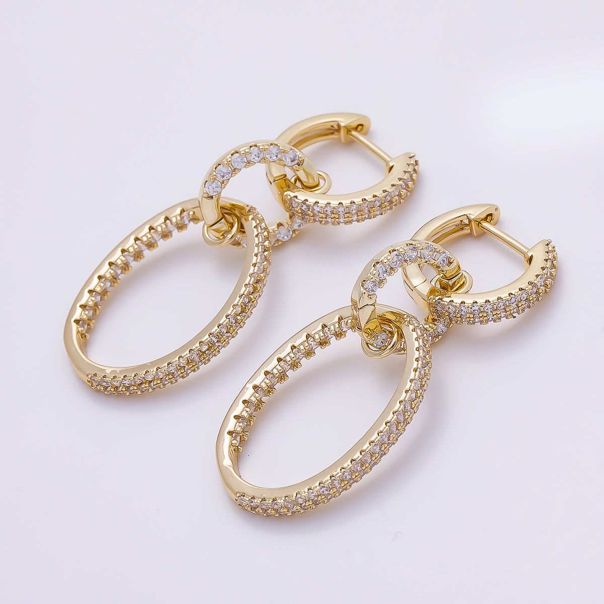 16K Gold Filled 46mm Micro Paved CZ Triple Link Drop Hoop | Earrings-00697