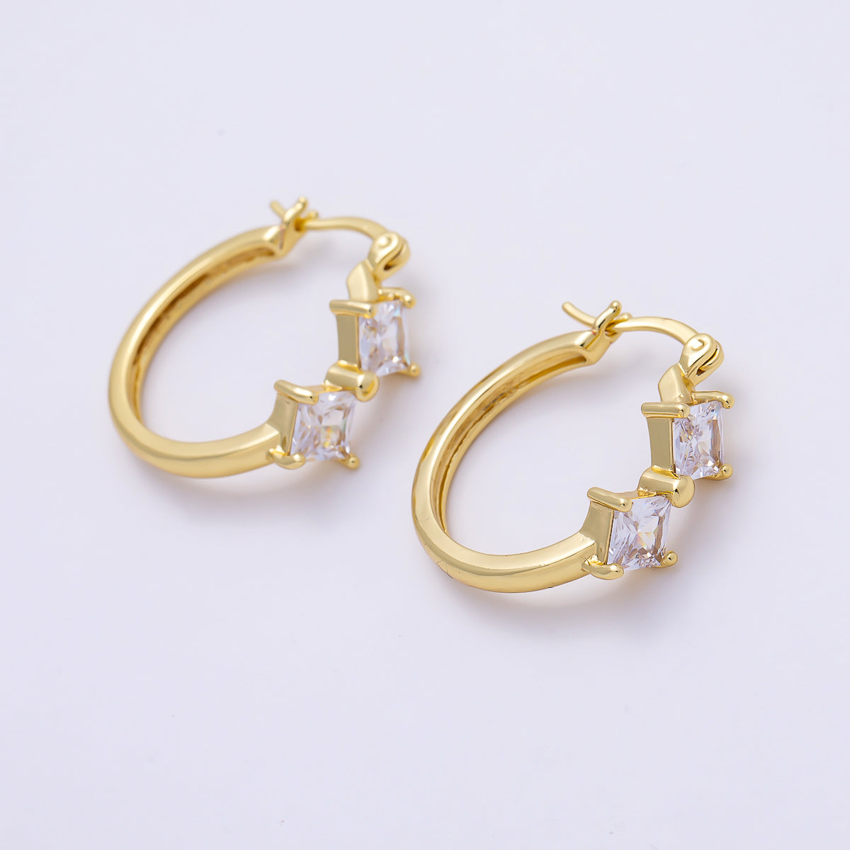 16K Gold Filled 24mm Clear Rhombus CZ Double Latch Hoop | Earrings-00709