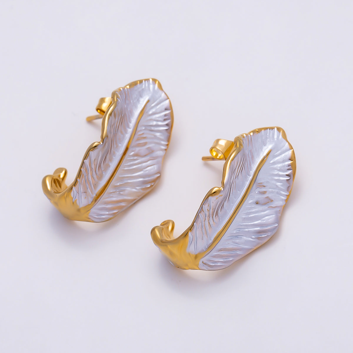 Stainless Steel 25mm White Feather Leaf Enamel J-Shaped Hoop | Earrings-00712