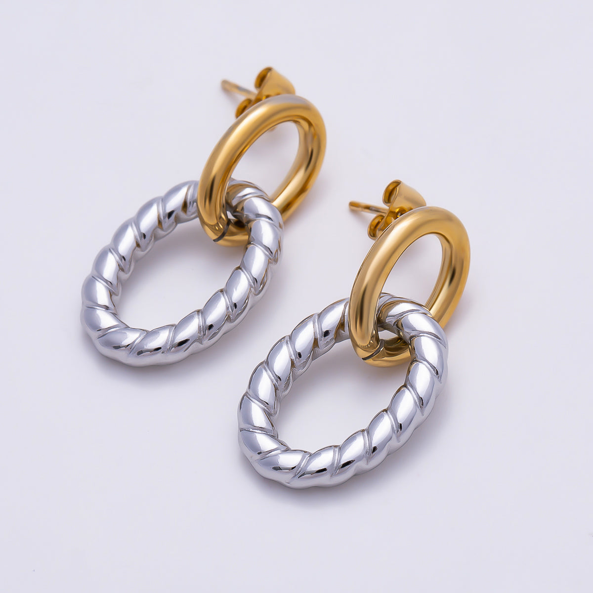 Stainless Steel 30mm Ribbed Lined Double Oval Link Drop Stud Earrings | Earrings-00713