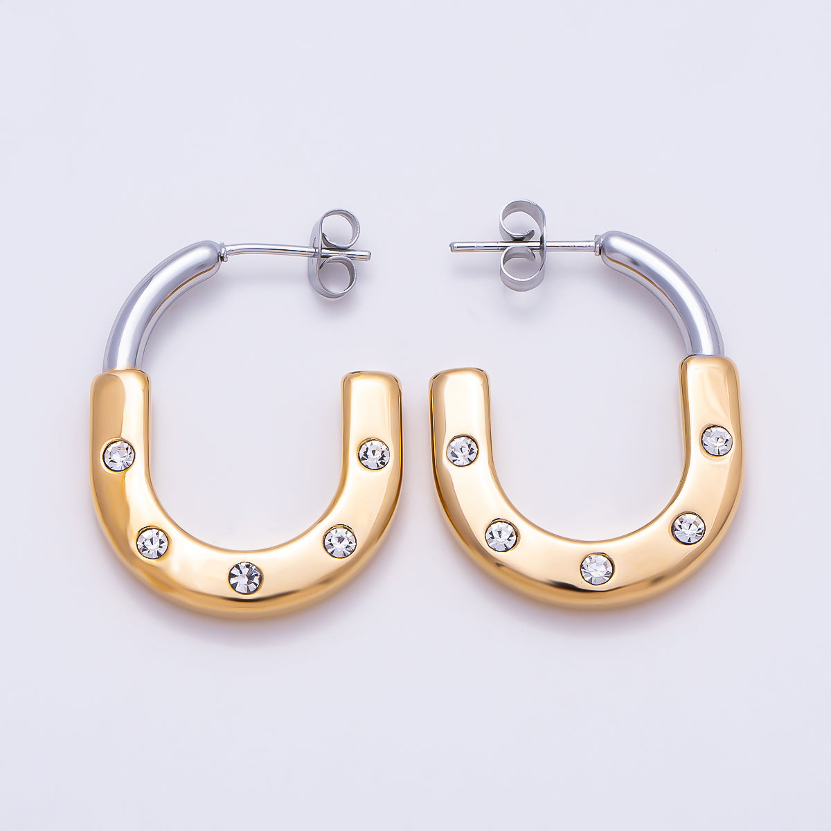 Stainless Steel 29mm Clear CZ Dotted Mixed Metal J-Shaped Hoop | Earrings-00714