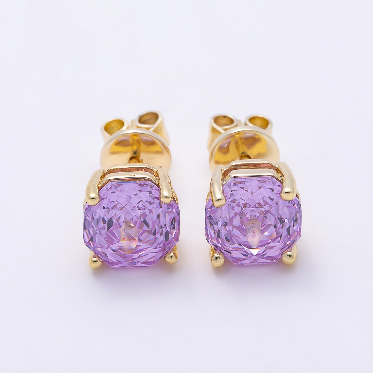 16K Gold Filled 8mm Clear, Purple, Pink CZ Prong Hexagon Round Stud Earrings | Earrings-00716 ~ Earrings-00719