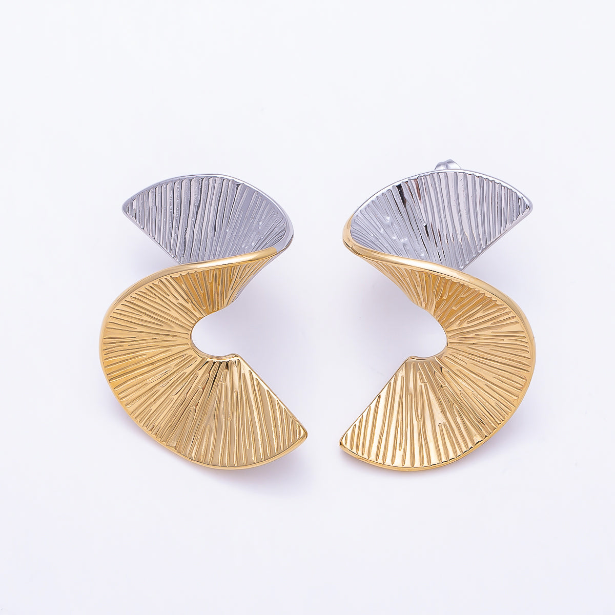 Stainless Steel Mixed Metal PVD 42mm Wide Band Twist Dotted Textured Geometric Stud | Earrings-00735