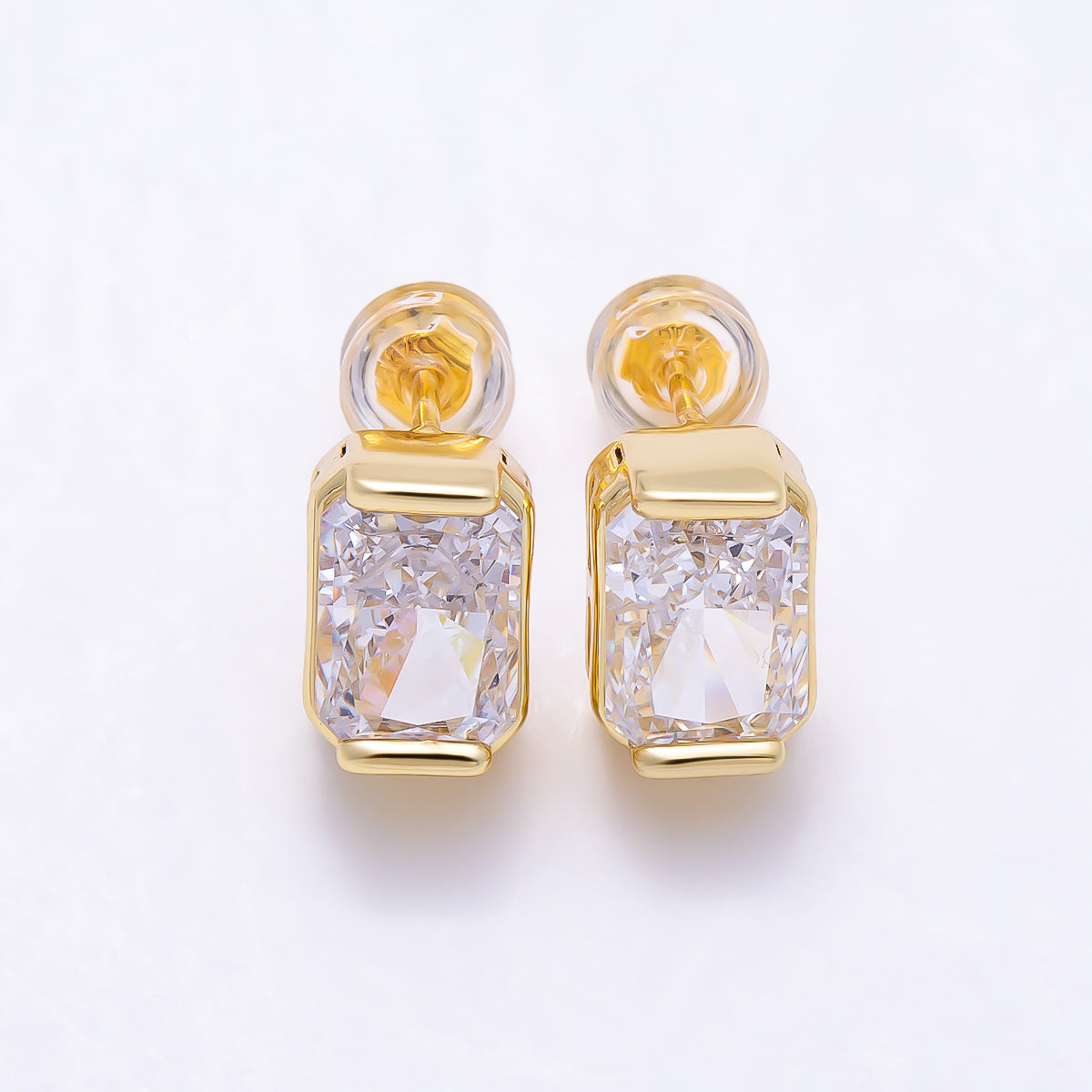 16K Gold Filled 9.5mm Clear CZ Baguette Lined Stud Earrings in Gold & Silver | Earrings-00757 Earrings-00758