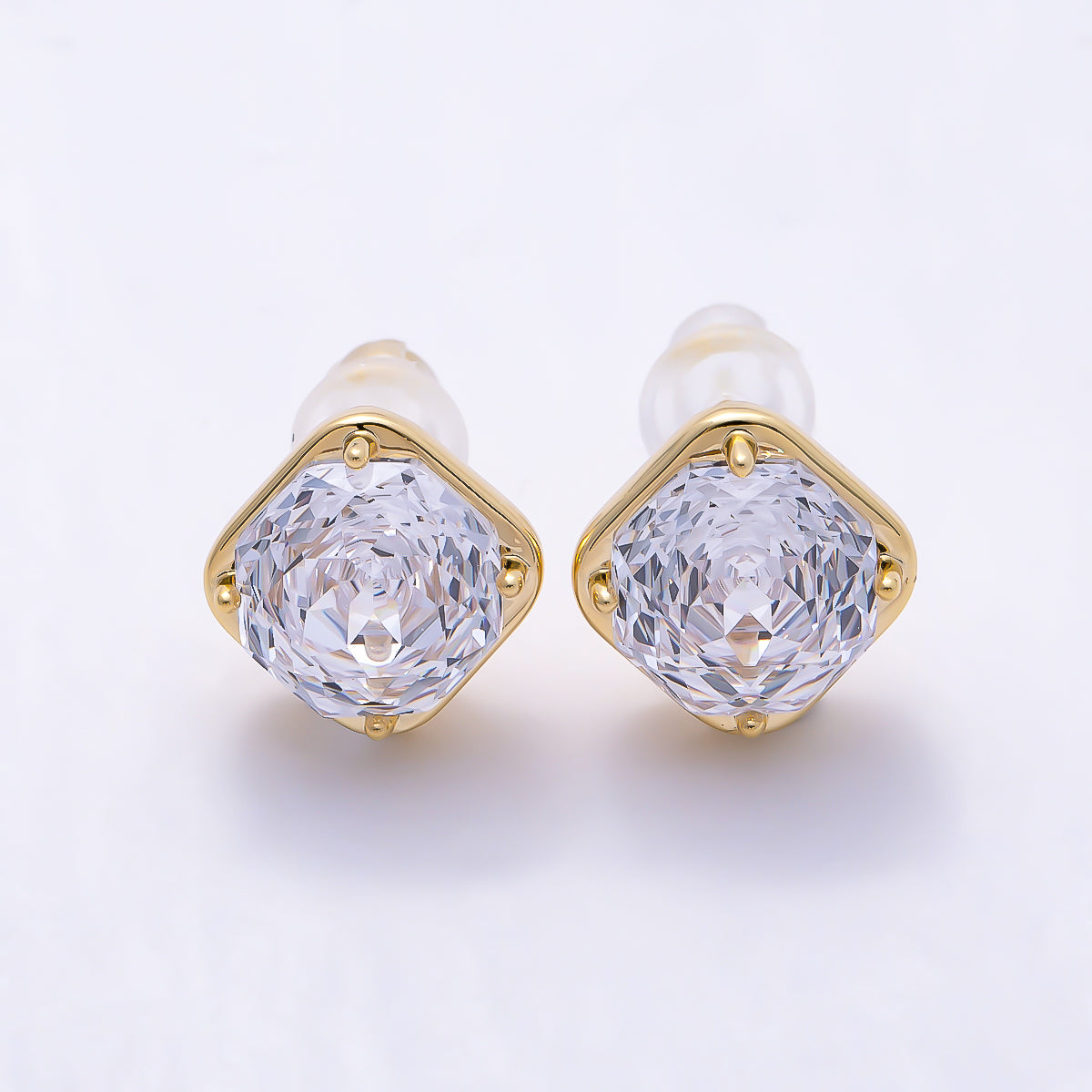 16K Gold Filled 10mm Clear CZ Rhombus Framed Radiant Solitaire Stud Earrings in Gold & Silver | Earrings-00765 - Earrings-00766