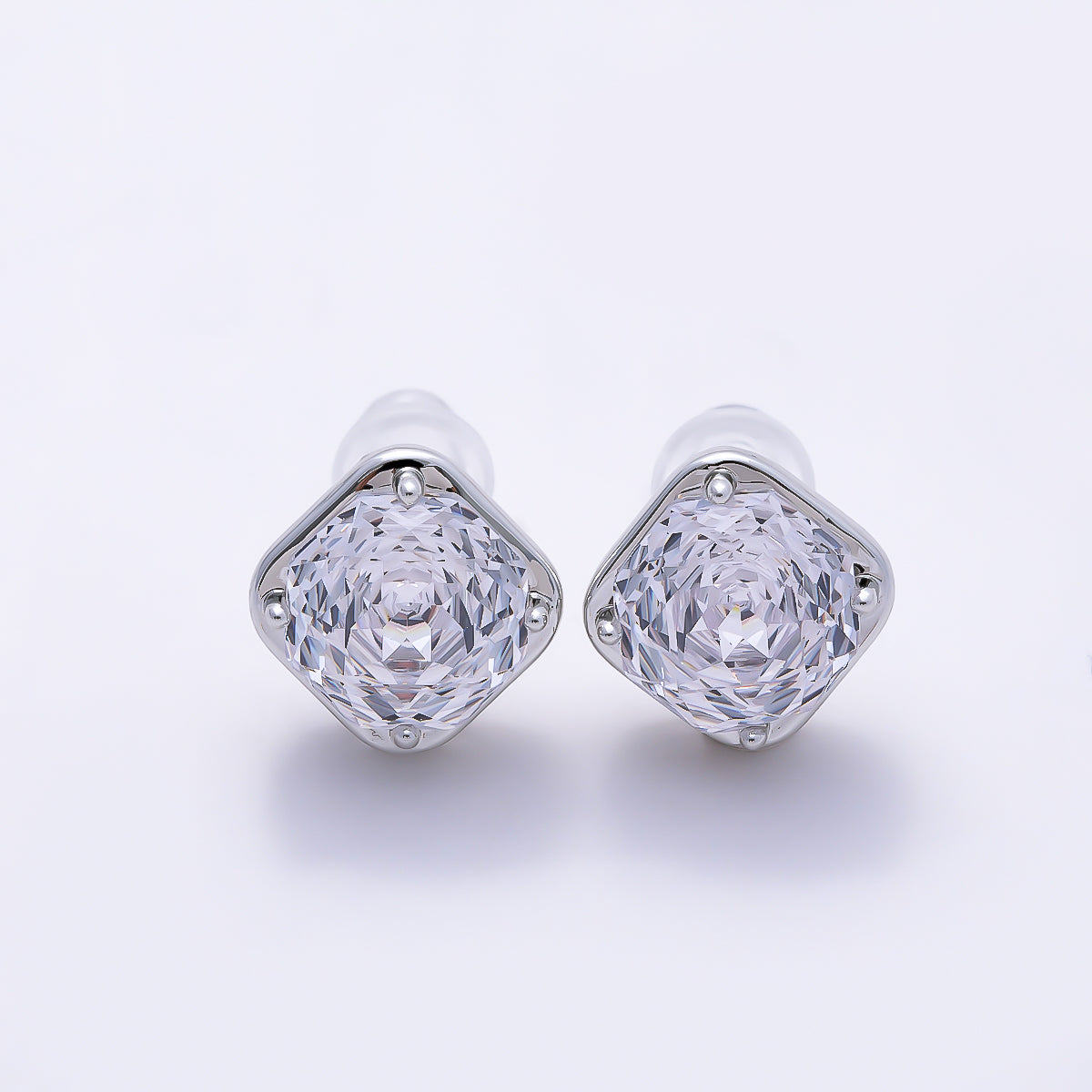 16K Gold Filled 10mm Clear CZ Rhombus Framed Radiant Solitaire Stud Earrings in Gold & Silver | Earrings-00765 - Earrings-00766