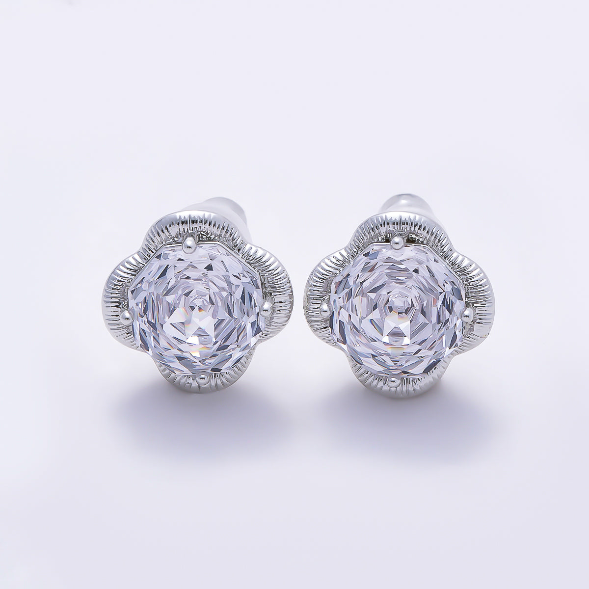 16K Gold Filled 11.5mm Clear CZ Hexagon Ribbed Flower Stud in Gold & Silver | Earrings-00767 Earrings-00768