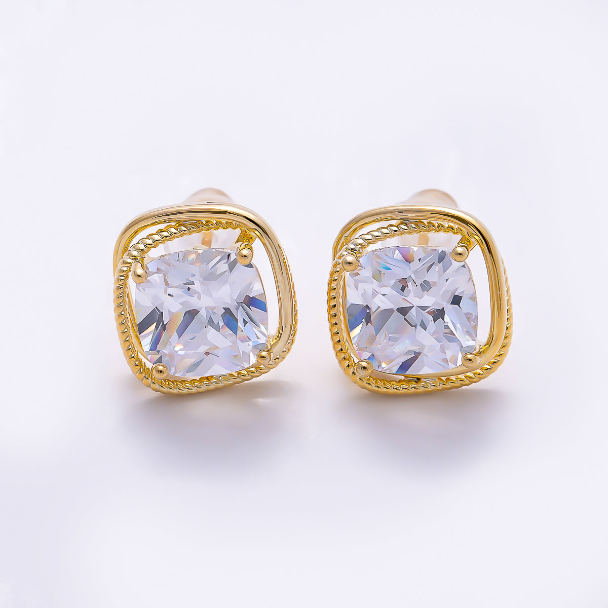 16K Gold Filled 12mm Clear CZ Solitaire Square Geometric Bezel Stud in Gold & Silver | Earrings-00769 Earrings-00770