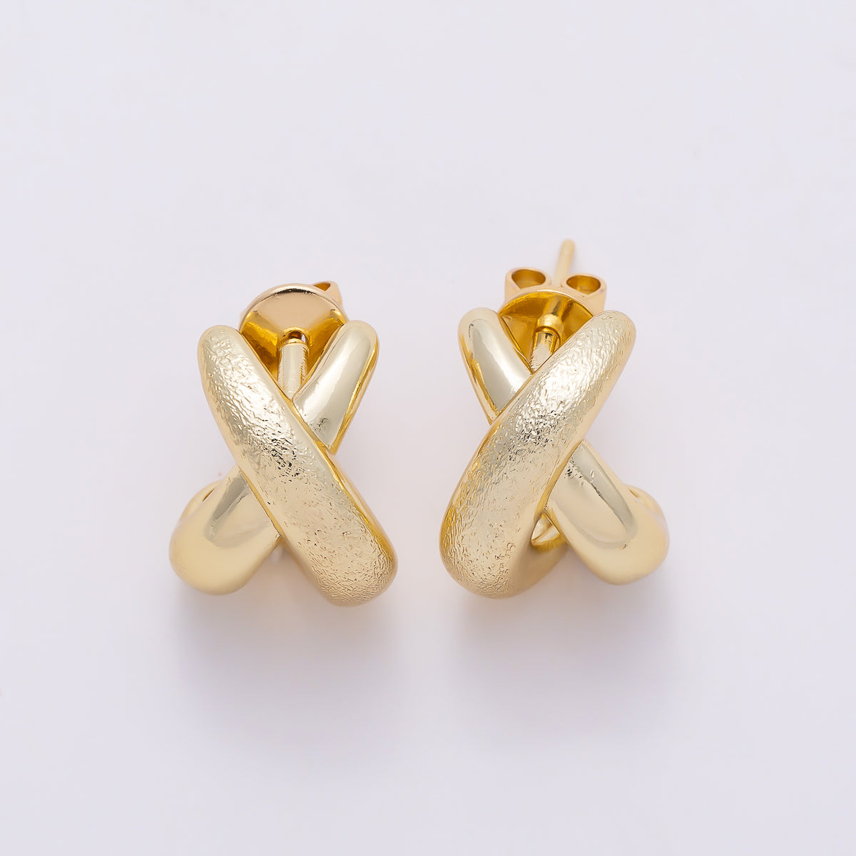 16K Gold Filled 15mm X Claw Double Band Textured C-Shaped Hoop | Earrings-00786