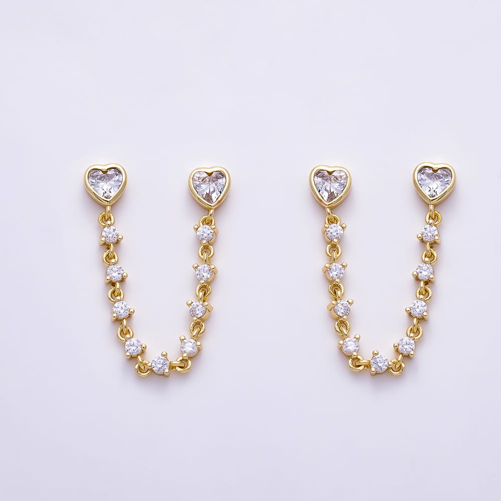 16K Gold Filled 66mm Twin Heart CZ Double Piercing Tennis Chain Link Stud Earrings | Earrings-00915