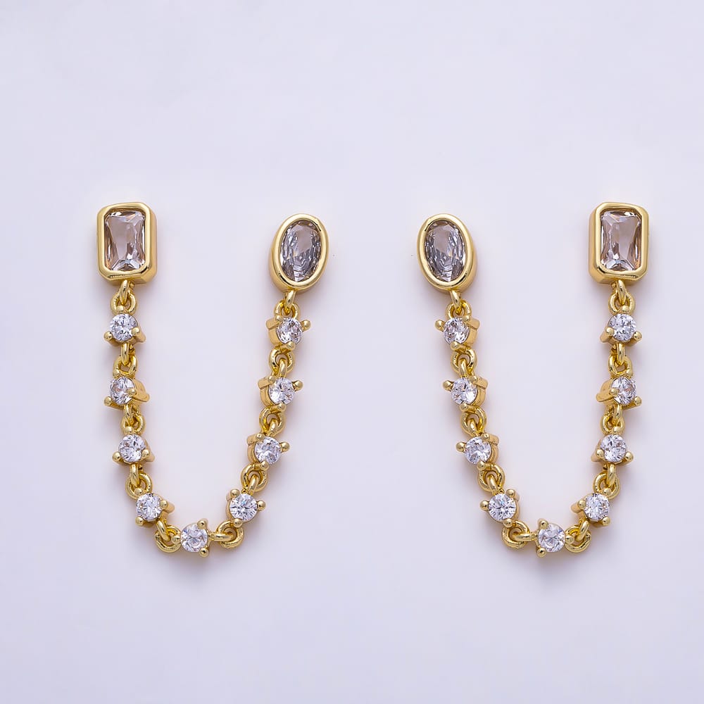 16K Gold Filled 66mm Rectangle & Oval Bezel Cut Clear CZ Double Piercing Tennis Chain Link Stud Earrings | Earrings-00916