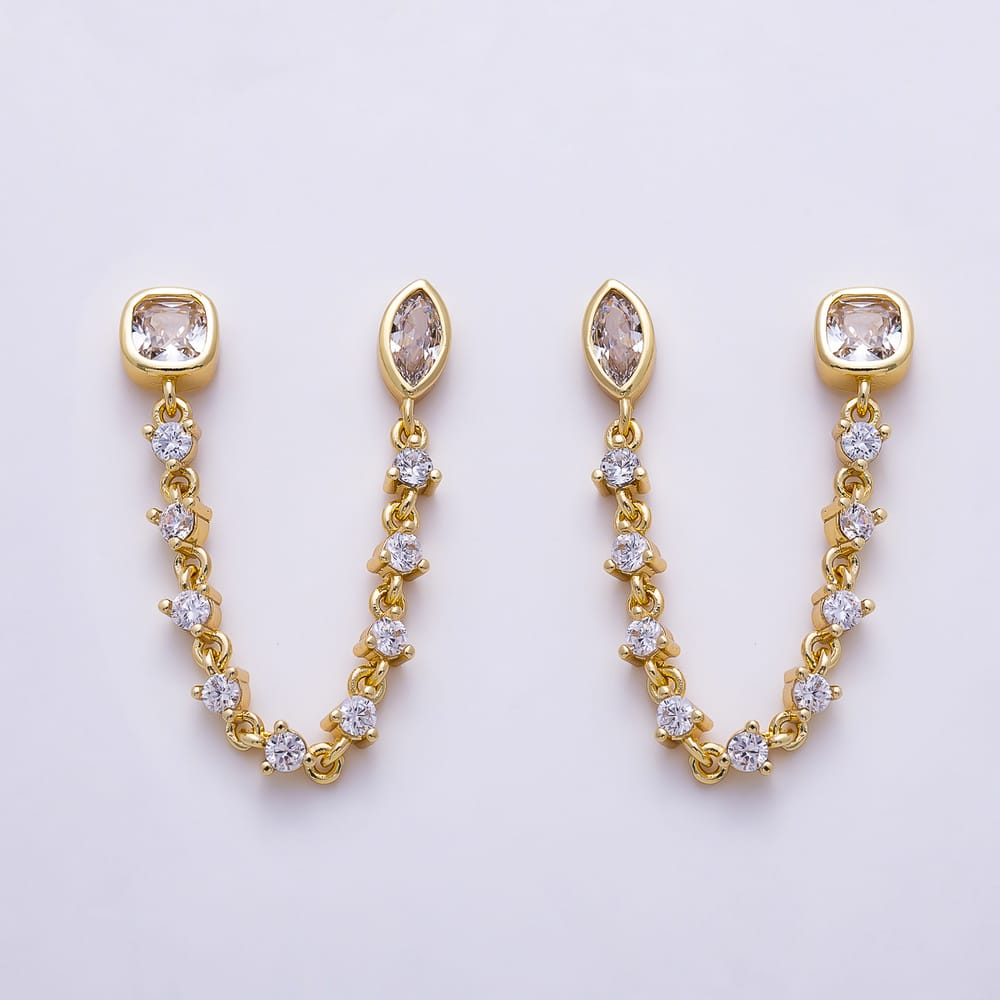 16K Gold Filled 66mm Cushion & Marquise CZ Double Piercing Tennis Chain Link Stud Earrings | Earrings-00917