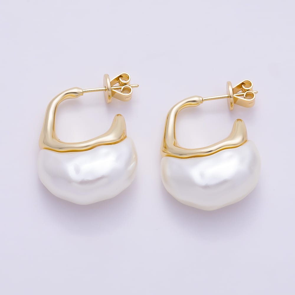 16K Gold Filled 26mm Organic Molten Liquid Frame Baroque Freshwater Pearl C-Hoop Stud Earrings | Earrings-00930