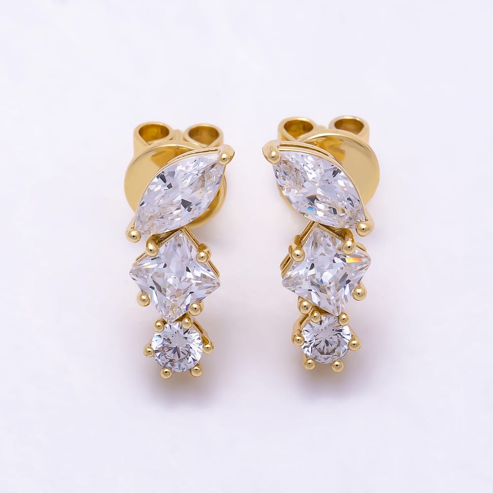 16K Gold Filled 14mm 3-Stone Mixed Cut Marquise Princess Round Clear CZ Stud Earrings | Earrings-00934