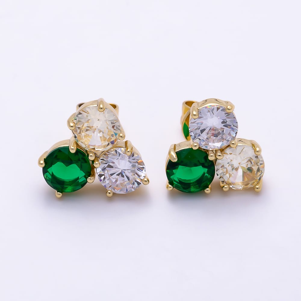 16K Gold Filled 15mm Trio Round Emerald Green Clear Yellow CZ Cluster Stud Earrings | Earrings-00935