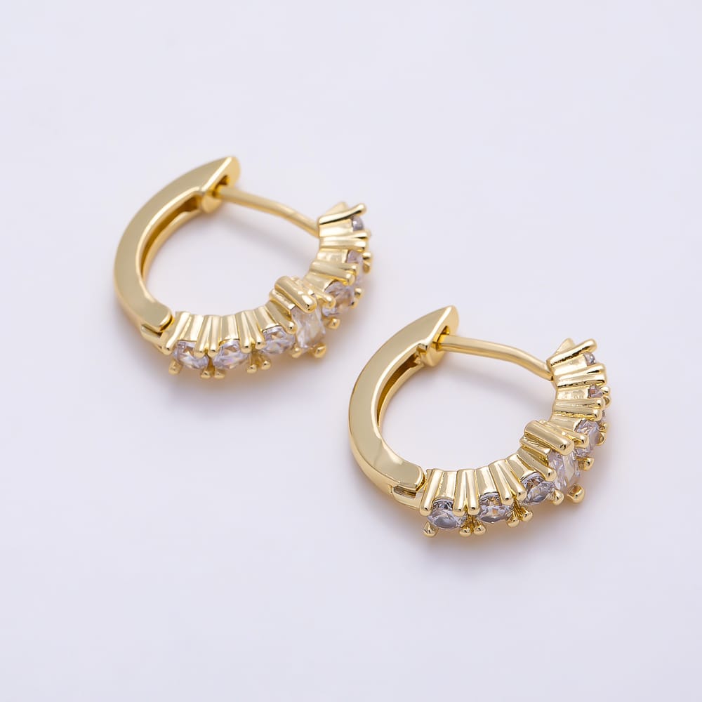 16K Gold Filled 16mm Prong-Set Graduated Round Clear CZ Hinged Huggie Hoop Earrings| Earrings-00968