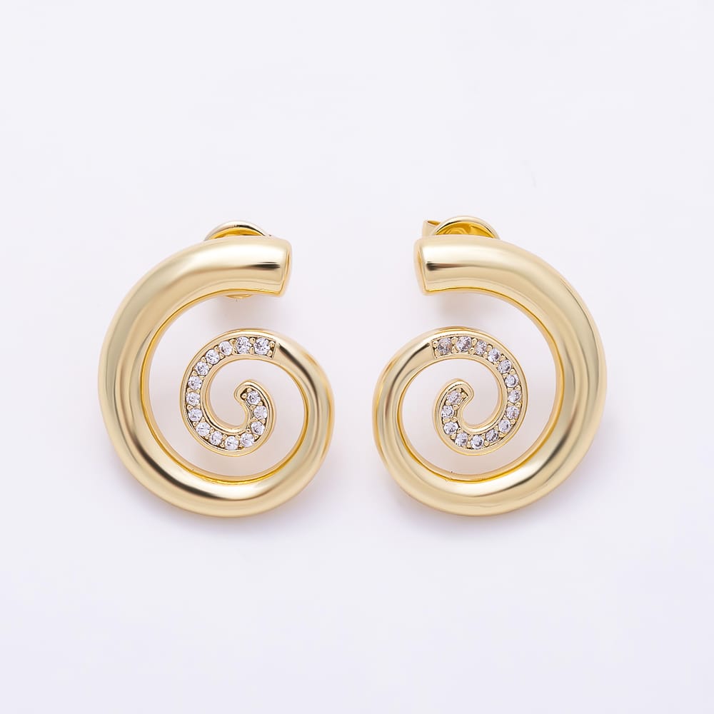 16K Gold Filled 20mm Clear Micro Paved CZ Spiral Swirl Geometric Stud Earrings | Earrings-01086