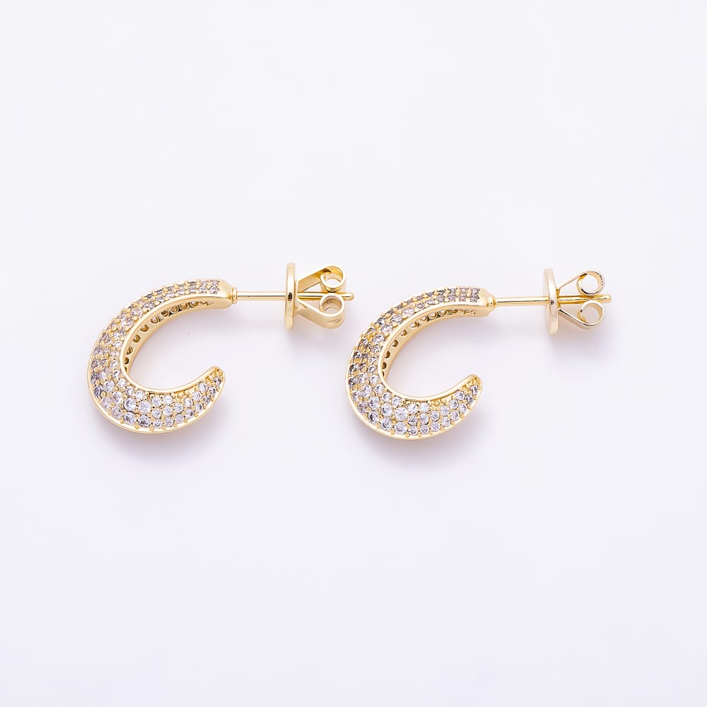 16K Gold Filled 24mm Micro Paved CZ Thin Dome J-Shaped Hoop Earrings | Earrings-01093