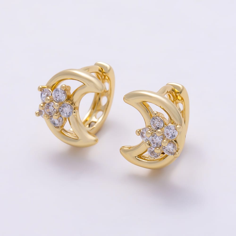 16K Gold Filled 13mm Celestial Crescent Moon Flower CZ Open Cartilage Huggie Earrings | Earrings-01099