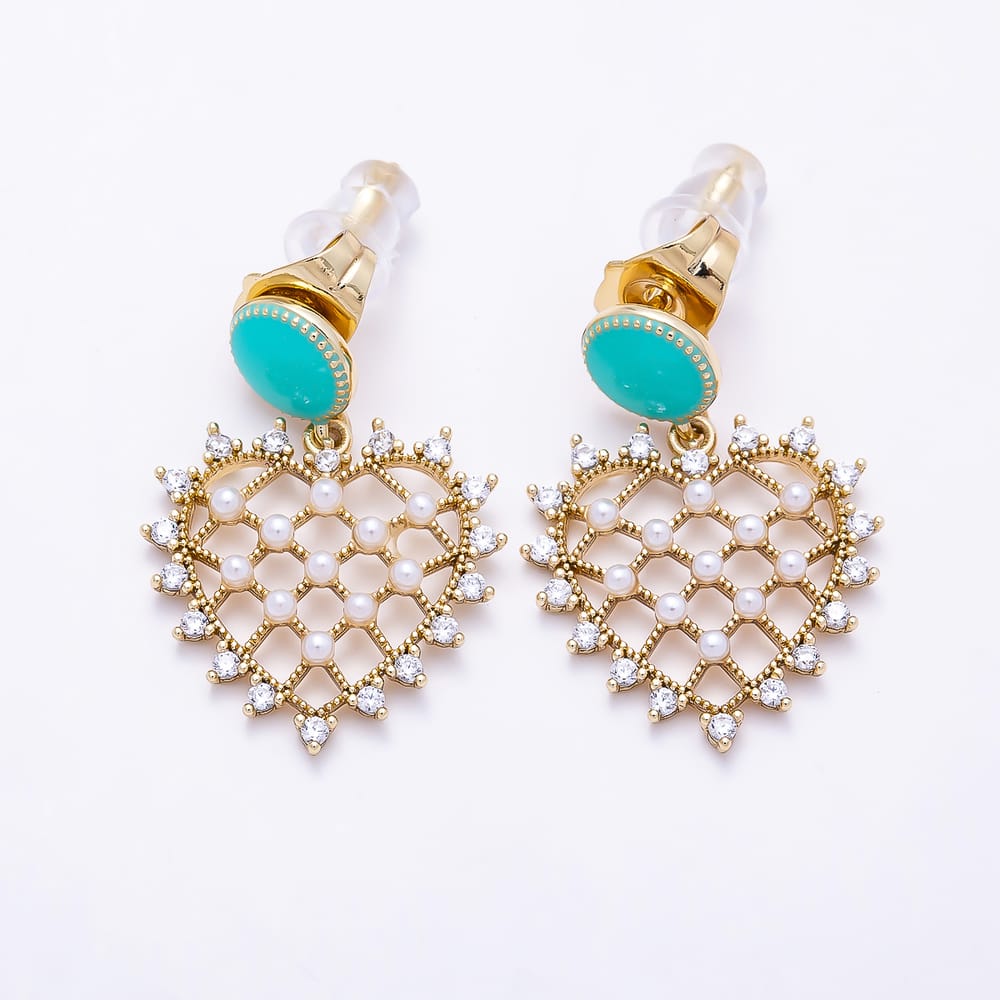 14K Gold Filled 24mm Clear CZ Shell Pearl Open Heart Turquoise Enamel Round Drop Stud Earrings | Earrings-01112