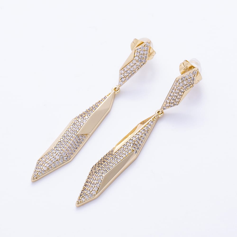 14K Gold Filled 19mm 60mm Micro Paved CZ Geometric Edged Drop Stud Earrings | Earrings-01114