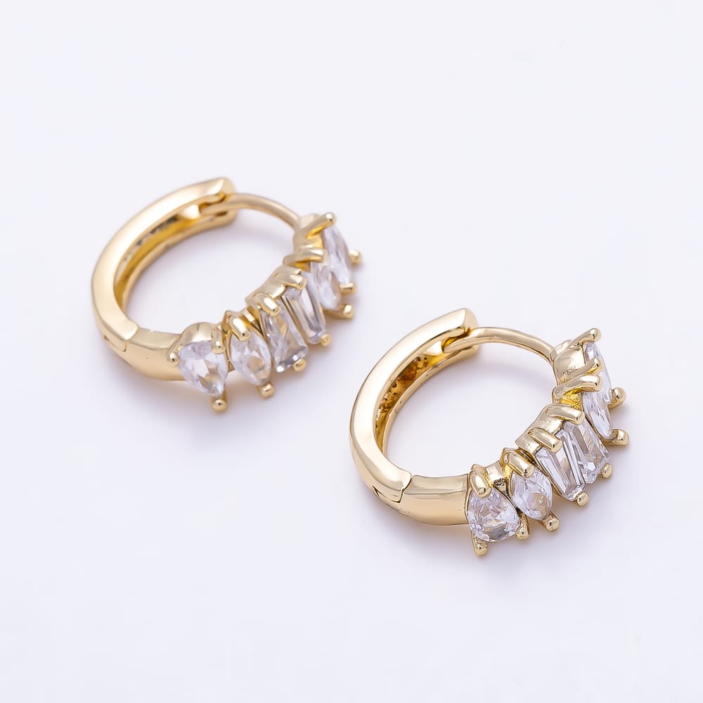 14K Gold Filled 15mm Clear CZ Teardrop Marquise Baguette Lined Huggie Earrings | Earrings-01115