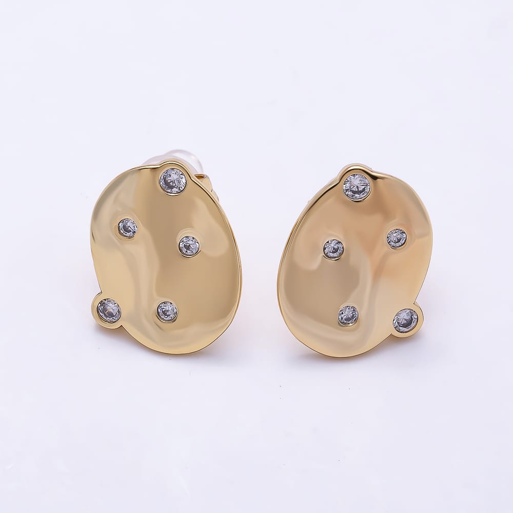 14K Gold Filled 14mm Clear CZ Round Dotted Geometric Oval Stud Earrings | Earrings-01117