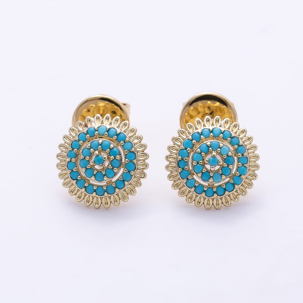 14K Gold Filled 14mm Micro Paved Turquoise Gemstone Circular Circle Round Stud Earrings | Earrings-01122