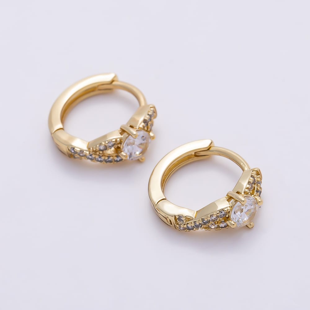 14K Gold Filled 12mm Clear Round Micro Paved CZ Twist Solitaire Huggie Earrings | Earrings-01125