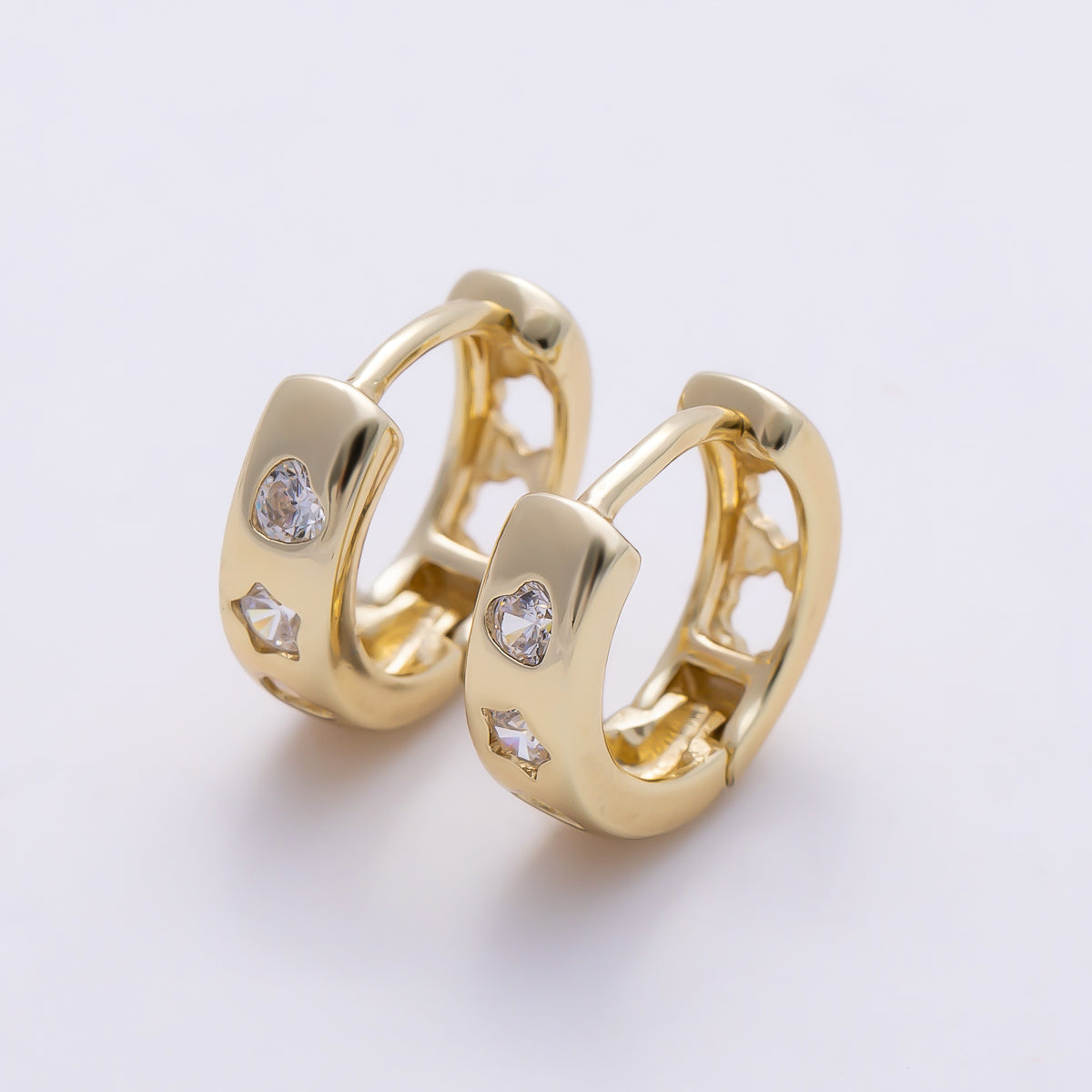 Dainty 14K Gold Filled 13mm Heart and Star Huggie Hoop Earrings CZ Hoop | Earrings-01127