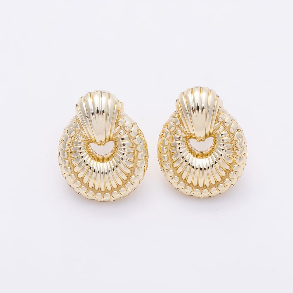 14K Gold Filled 20mm Ribbed Lined Circular Geometric Door Knocker Drop Stud Earrings | Earrings-01134