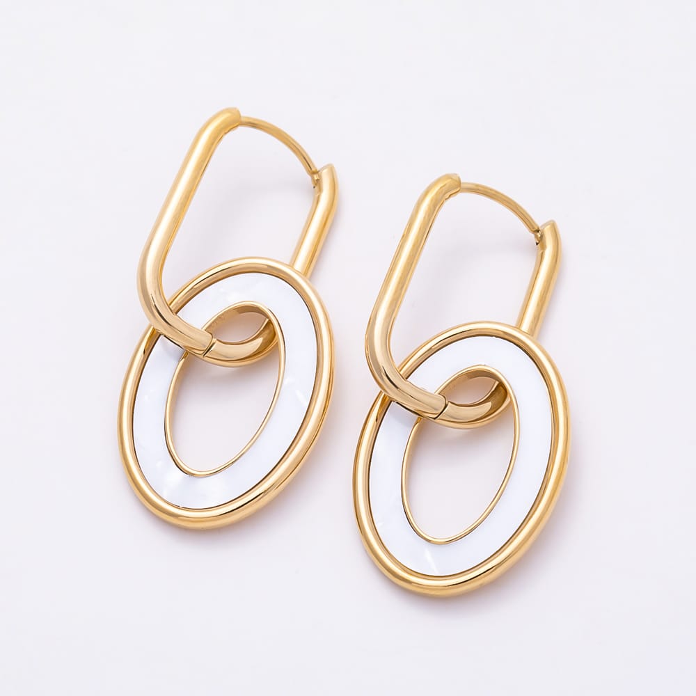 Stainless Steel PVD 35mm Shell Pearl Paperclip Drop U-Shaped Oblong Hoop Earrings | Earrings-01162
