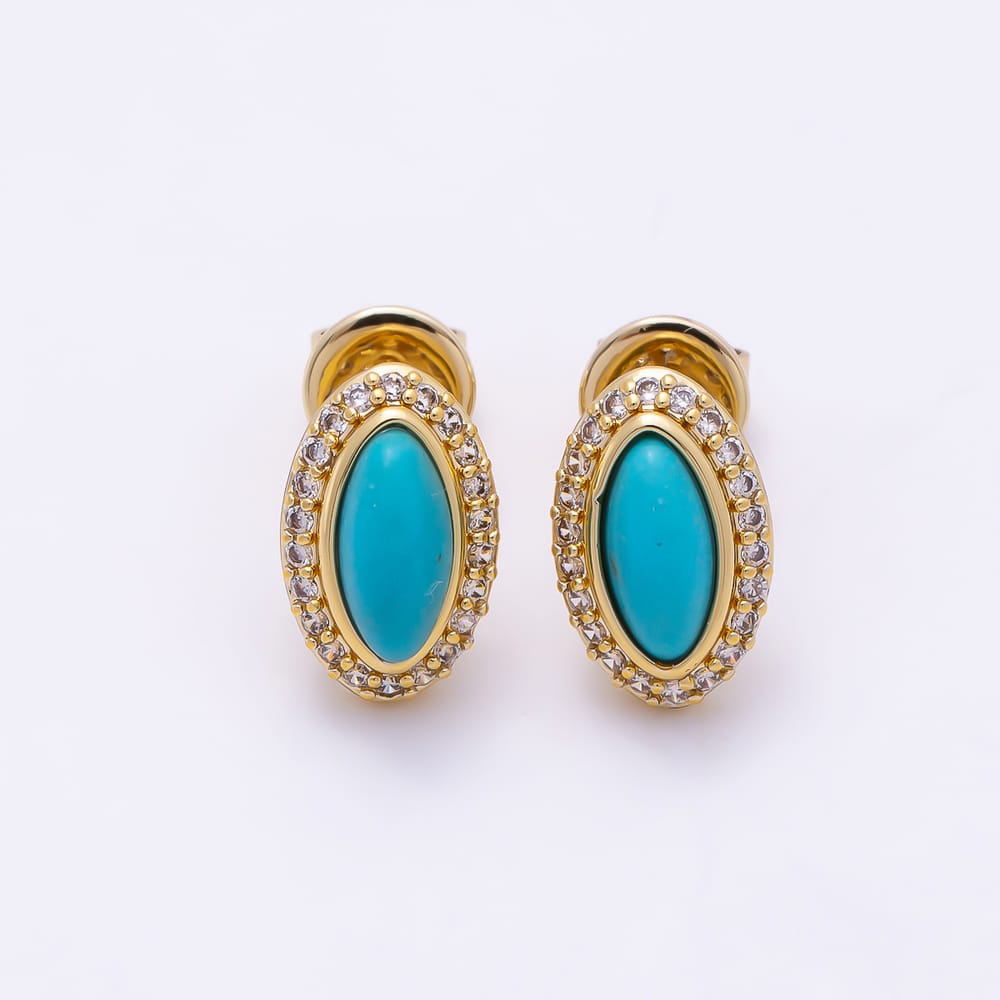 16K Gold Filled 12mm Blue Turquoise Micro Paved CZ Navette Marquise Bezel Stud Earrings | Earrings-01168