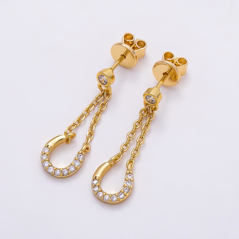 16K Gold Filled 25mm Lucky Horseshoe Micro Paved CZ Round Chain Drop Stud Dangle Stud Earrings | Earrings-01179