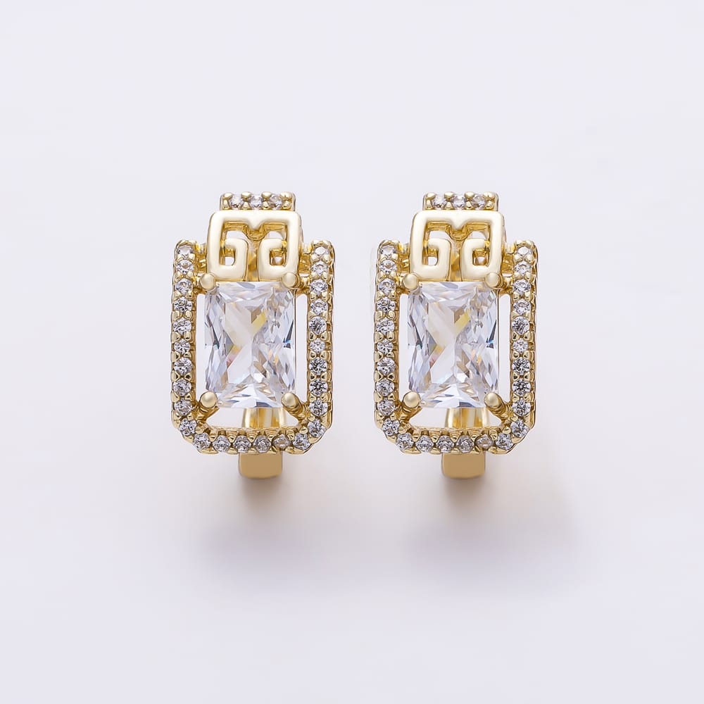 14K Gold Filled 15mm Baguette Micro Paved CZ Geometric English Lock Hoop Earrings | Earrings-01207