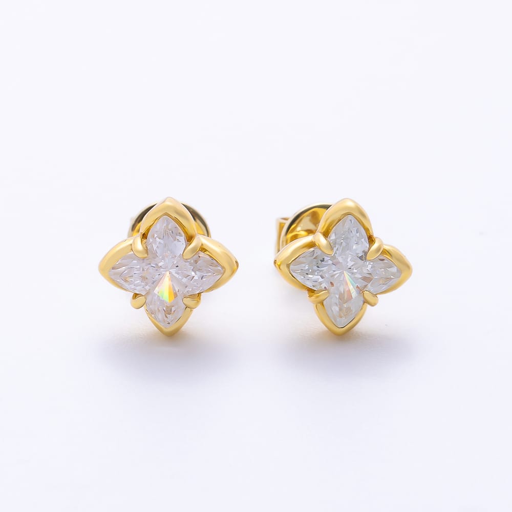 16K Gold Filled 18mm Clear CZ Four Petal Prong Bezel Solitaire Stud Earrings | Earrings-01237