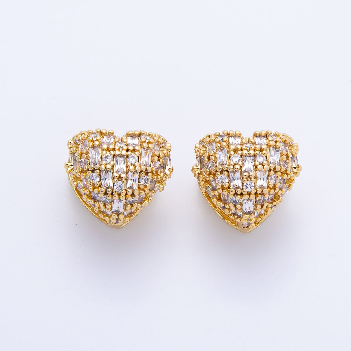 14K Gold Filled 14mm Clear CZ Baguette Heart Huggie Earring in Gold & Silver | Earr-020018 Earr-020019