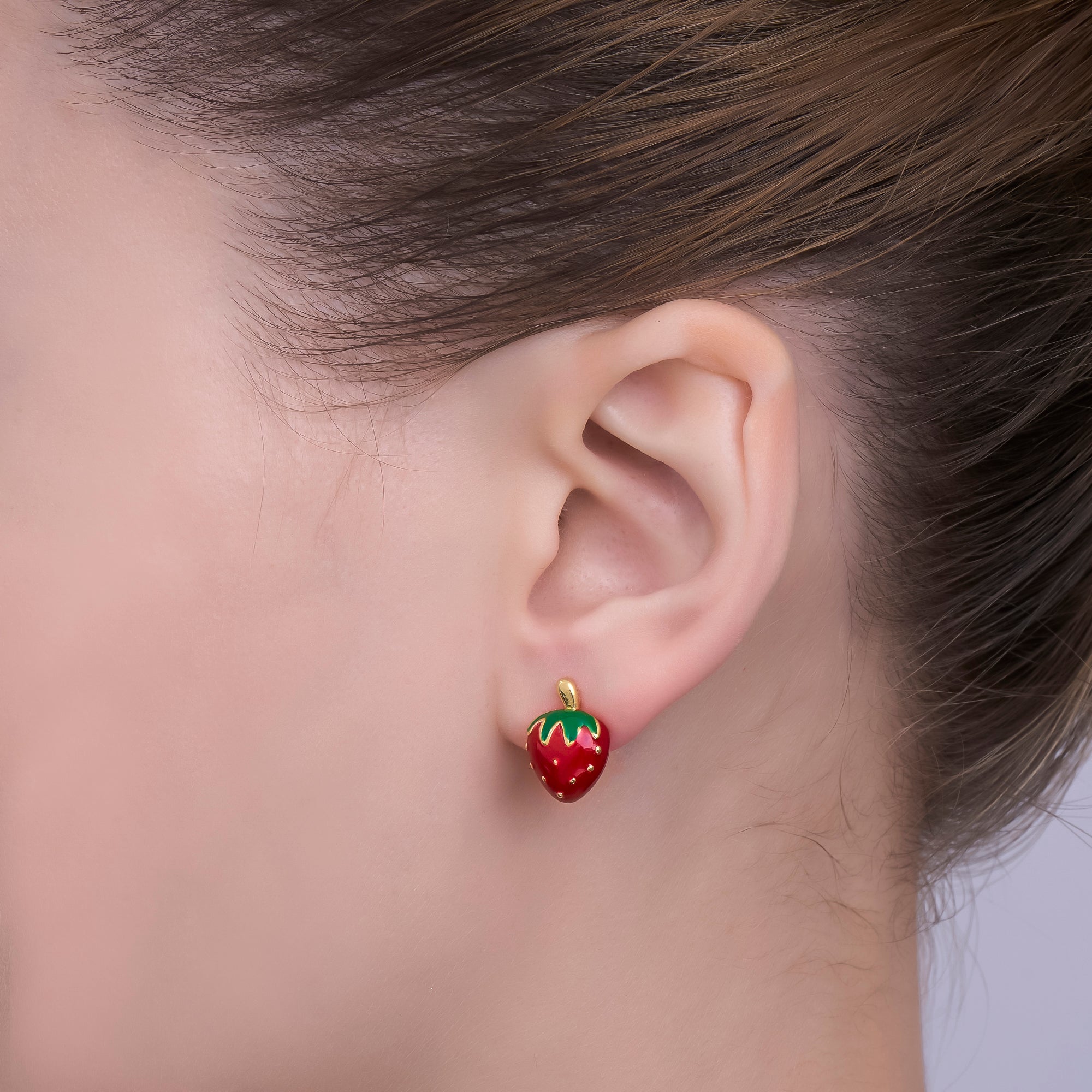 24K Gold Filled 15mm Red Enamel Strawberry Fruit Stud Earrings | AI424