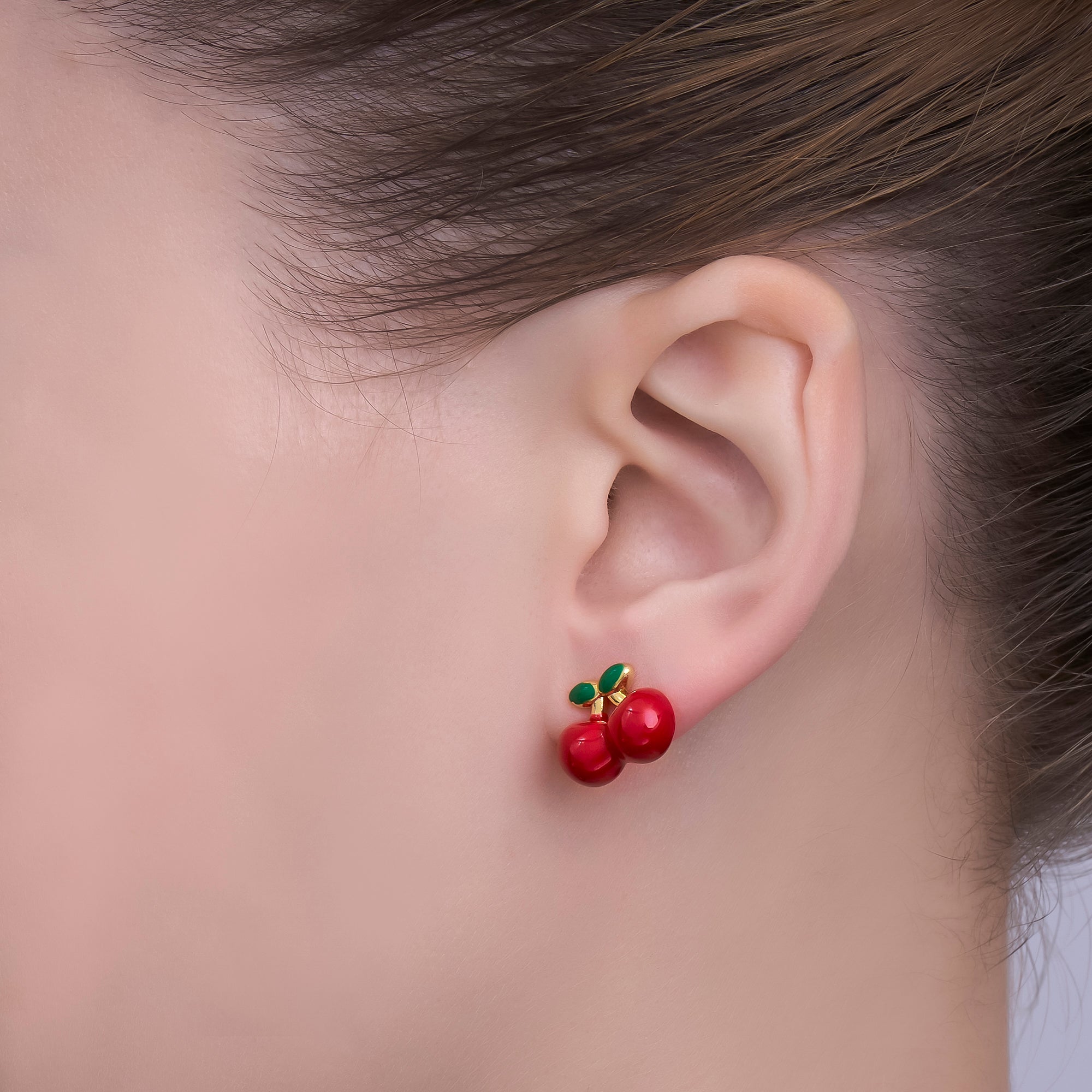 24K Gold Filled 12mm Red Enamel Cherry Fruit Stud Earrings | Q515