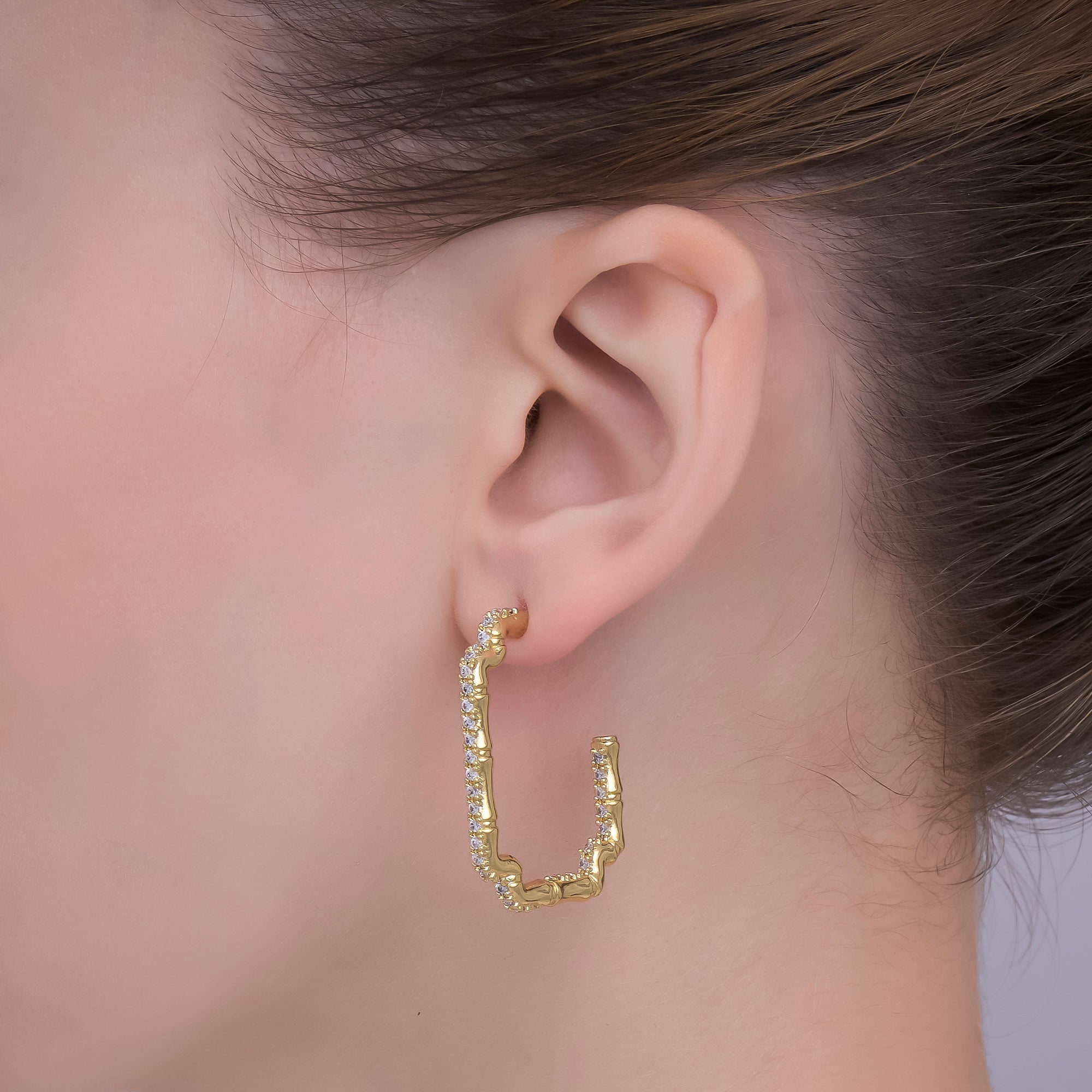 24K Gold Filled 35mm Micro Paved CZ Bamboo Geometric J-Shaped Hoop Earrings | AI505