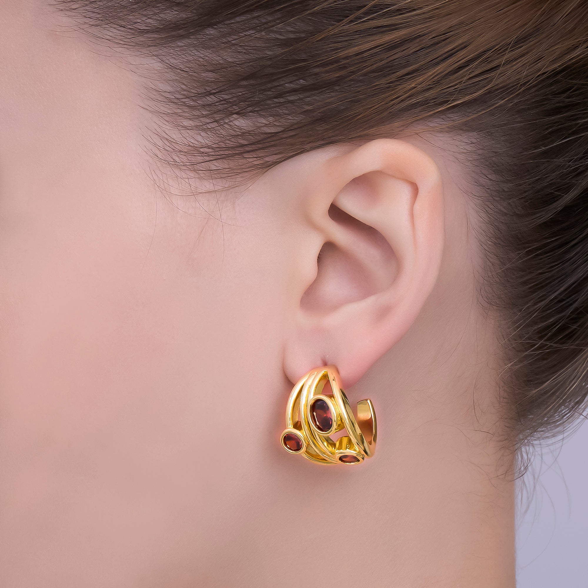 24K Gold Filled 25mm Red Round CZ Multiband C-Shaped Hoop Earrings | AI507