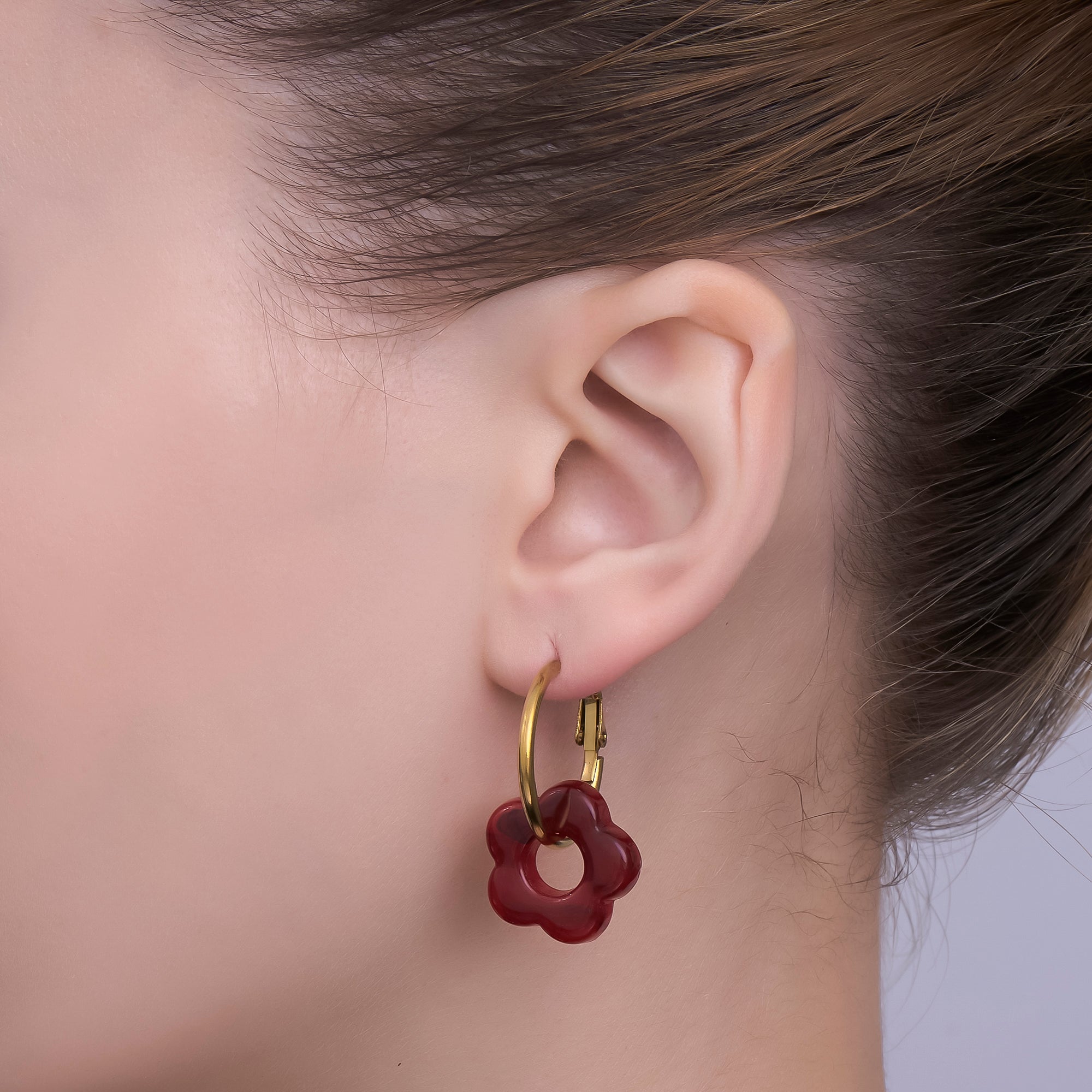 Stainless Steel Red, Black, Blue, Green Resin Flower Hinge Hoop Earrings | AI535 - AI538